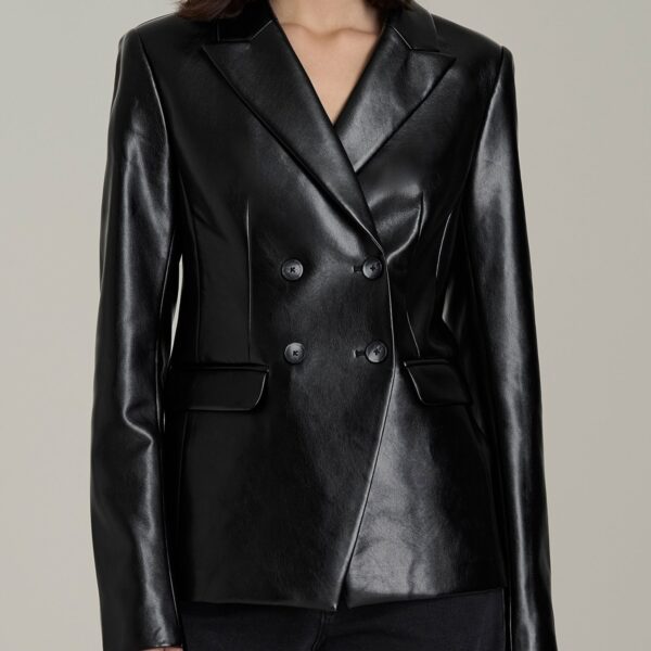 Faux Leather Double Breasted Blazer for Tall Women in Black