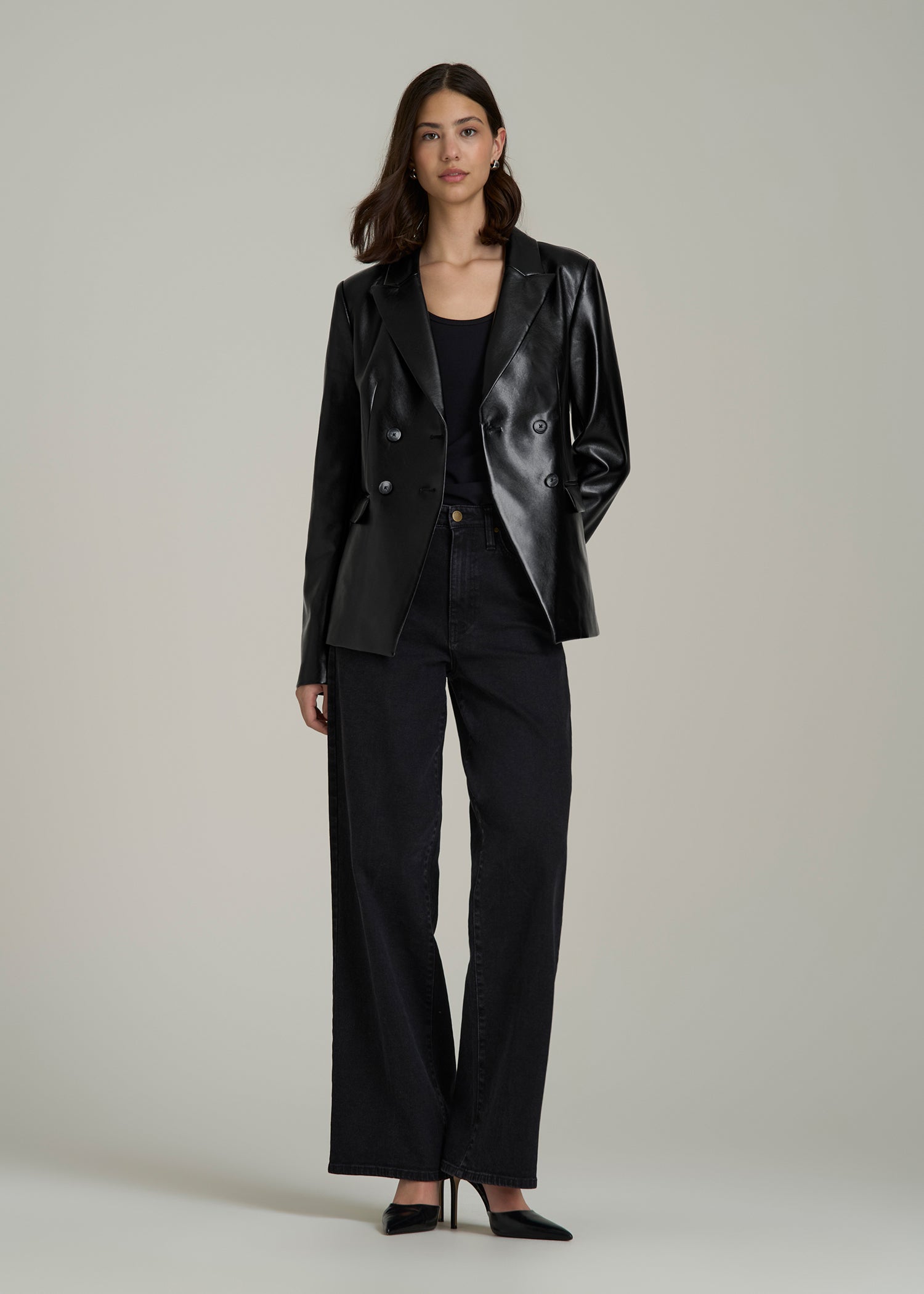 American-Tall-Women-Faux-Leather-Double-Breasted-Blazer-Black-Full