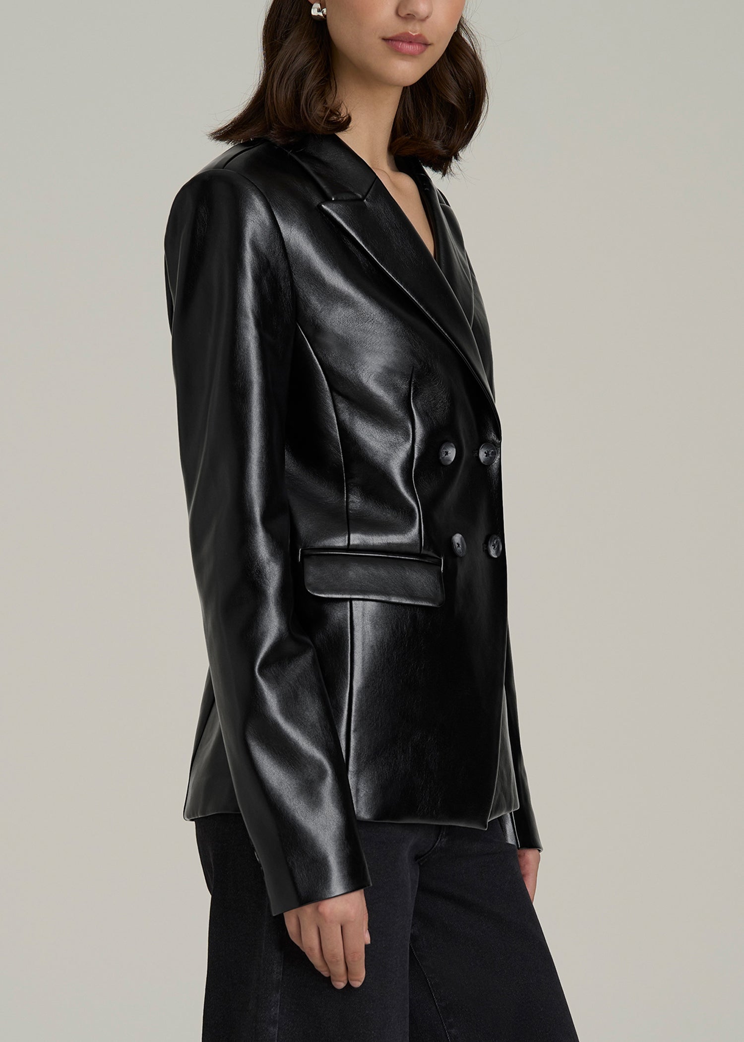 American-Tall-Women-Faux-Leather-Double-Breasted-Blazer-Black-Side