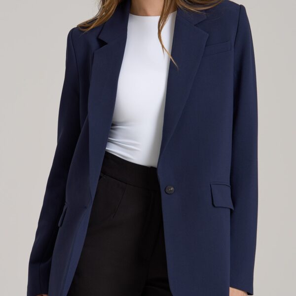 Boyfriend Fit Single-Button Blazer for Tall Women in Navy