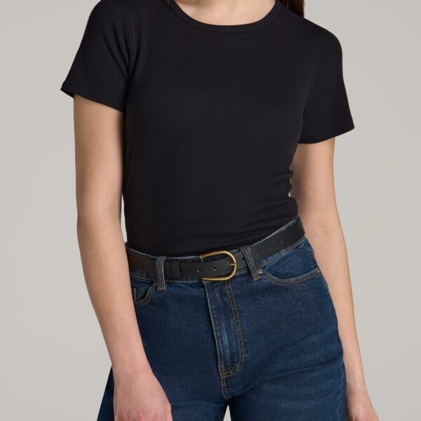 Short Sleeve Crew Neck Ribbed T-Shirt for Tall Women in Black