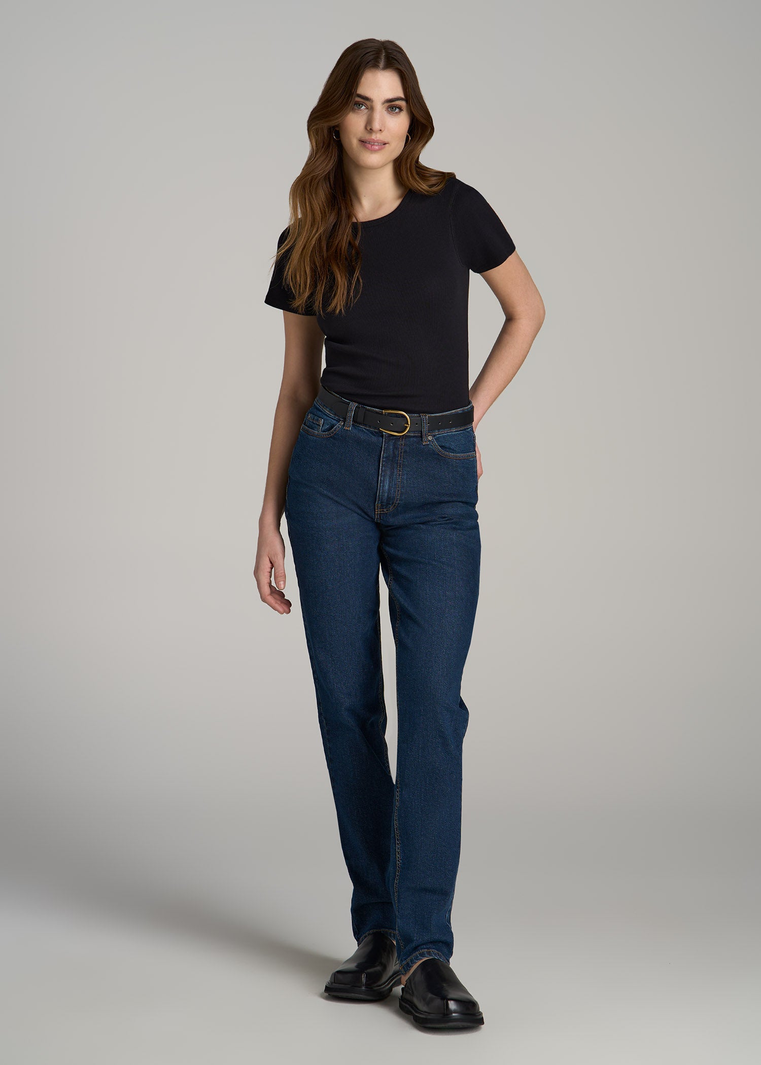 American-Tall-Women-Short-Sleeve-Crew-Neck-Ribbed-Tee-Black-full