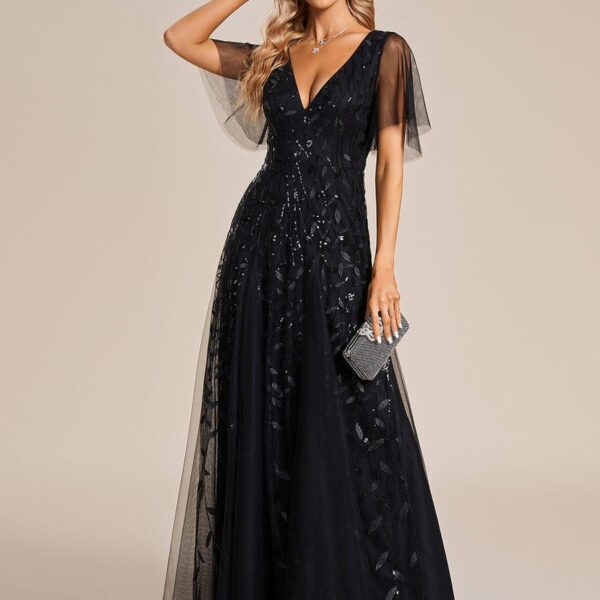 Shimmery Ruffle Sleeves Maxi Sequin Evening Dress