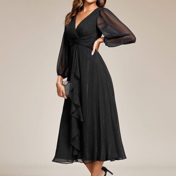 See-Through Long Sleeve Twist Knot A-Line Lotus Leaf Shimmering Evening Dress