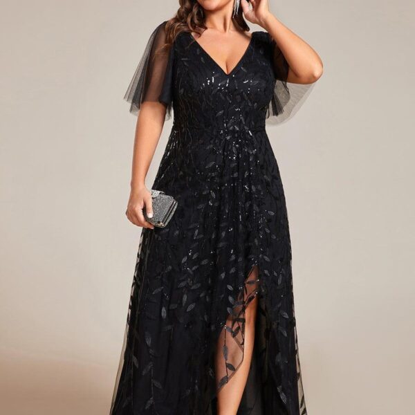Plus Size Short Sleeves Sequin High Low V-Neck Midi Formal Evening Dress