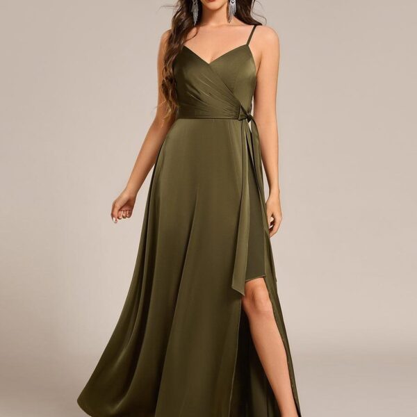 Wrap-Style Spaghetti Strap Maxi Satin Bridesmaid Dress