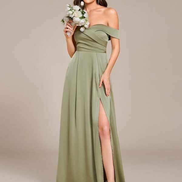 Off Shoulder Lace-Up High Slit Satin Bridesmaid Dress