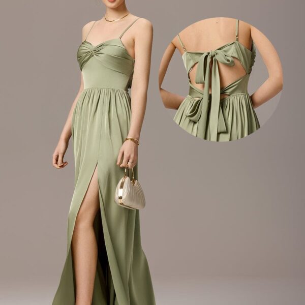 Satin Pleated Back-Tie Sleeveless Maxi Bridesmaid Dress