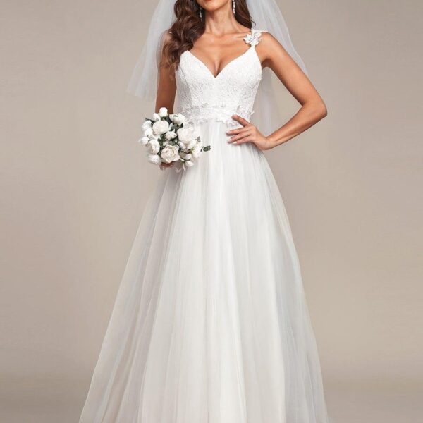 Double V Neck Lace Bodice Open Back Tulle Wedding Dress